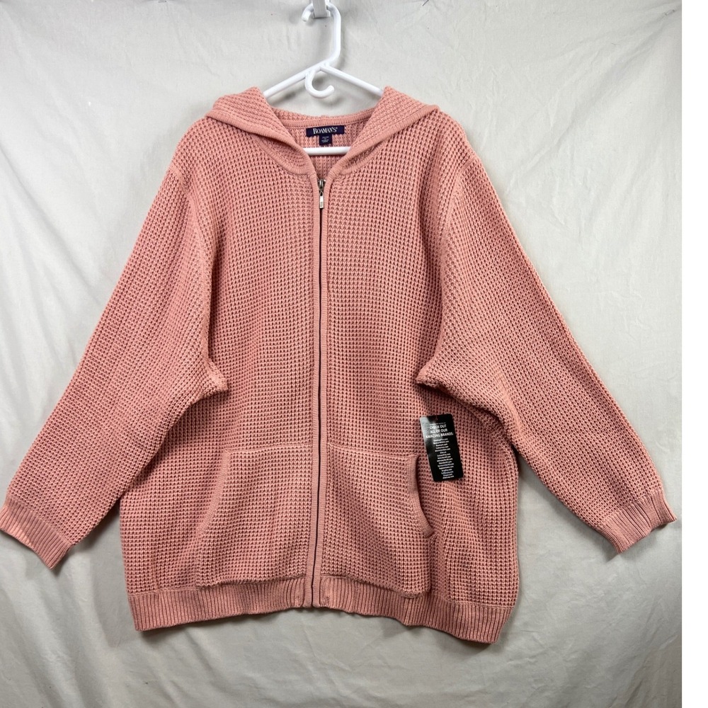 Roaman's Waffle Knit Zip Up Hoodie Women 2X 26/28 Pink Long Sleeve Pockets